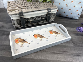 Pretty Robin Redbreast Wooden Serving Tray Display Tray| Grey Wooden Tray With Handles Drinks Tray | Kitchen Tea Coffee Tray Snack Trays