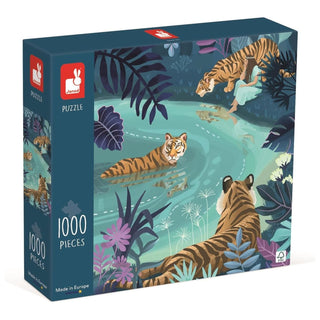 Janod Tiger Gathering Puzzle | 1000 Piece Moonlight Tigers Jigsaw | Age 9+