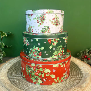 Set of 3 Holly Christmas Tins | Festive Round Nesting Cookie & Storage Tins