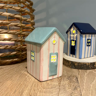 Pink LED Ceramic Beach House | Nautical Striped Beach Hut Ornament | Light-Up Coastal Decoration