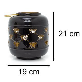 21cm Honey Bee Black Metal Hurricane Candle Lantern | Decorative Hanging Lantern For Home Garden Patio | Indoor Outdoor Bee Lantern Garden Gifts