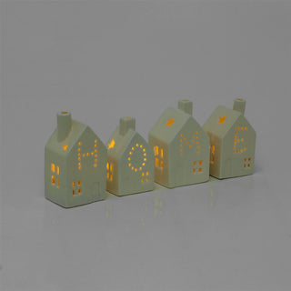 Set of 4 LED Houses | Mini White Ceramic Light Up House Ornaments - Home