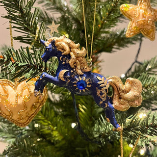 Blue & Gold Unicorn Christmas Bauble | Unicorn Christmas Tree Ornament - 10cm