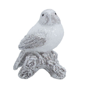 Winter Bird Ornament | White Resin Bird on Log Figurine Christmas Statue - 7x9cm