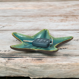 Ceramic Blue Teal Starfish Plate | Nautical Trinket Tray Jewellery Dish - 21cm