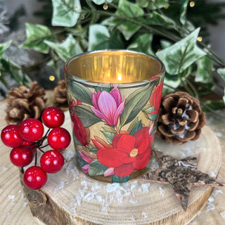 Red Magnolia Tealight Holder | Round Glass Christmas Candle Holder - 7cm