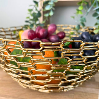 Gold Metal Chain Link Bowl | Round Decorative Gold Effect Display Dish - 26cm