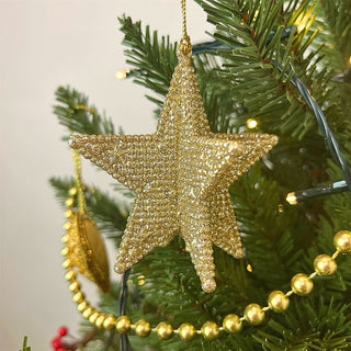 Gold Beaded Star Bauble | Gold Glitter 3D Star Christmas Tree Ornament - 9cm