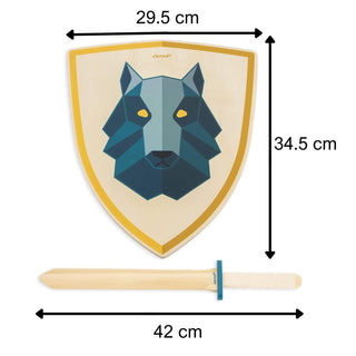 Janod Wooden Sword & Shield Set | Wolf Design | Kid's Pretend Play Fancy Dress