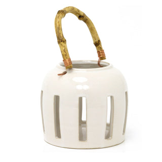 Ceramic Candle Lantern With Bamboo Handle | Hanging Tealight Holder - 13x13cm