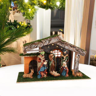 LED Traditional Christmas Nativity Set & 8 Detailed Figures Stable Crib Scene