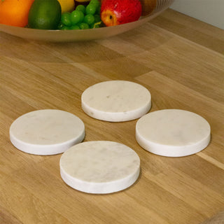 Set of 4 Round White Marble Coasters | 4 Piece Natural Stone Coaster Set - 10cm