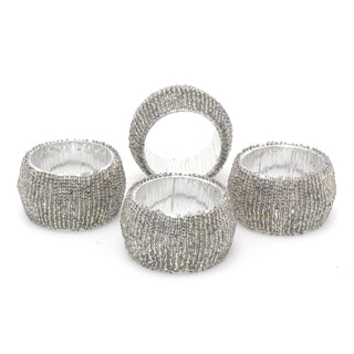 Set Of 4 Deluxe Silver Napkin Rings | Chic Beaded Glass Christmas Napkin Holder | Wedding Serviette Rings Table Napkin Holder