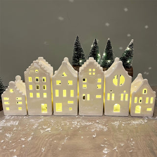 15cm White Ceramic LED Christmas House | Light-Up Ornament | Design Varies