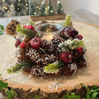 Christmas Tealight Candle Holder | Pinecone & Fruit Wreath Centrepiece - 16cm