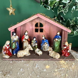 11-Piece Traditional Nativity Set with 10 Ceramic Figures & Wooden Stable - 30cm