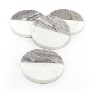 Set Of 4 Two Tone Natural Marble Coasters For Drinks ~ Round