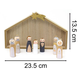 7 - Piece Wooden Christmas Nativity Scene with Mini Peg Figures & Stable - 23.5cm