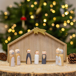 7 - Piece Wooden Christmas Nativity Scene with Mini Peg Figures & Stable - 23.5cm