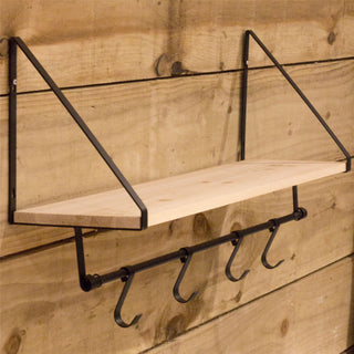 75cm Wall Mounted Wooden Display Shelf With Hooks | Industrial Black Metal Storage Shelves | Kitchen Spice Rack