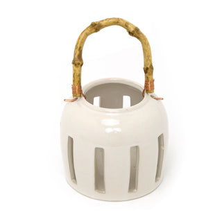 Ceramic Candle Lantern With Bamboo Handle | Hanging Tealight Holder - 13x13cm