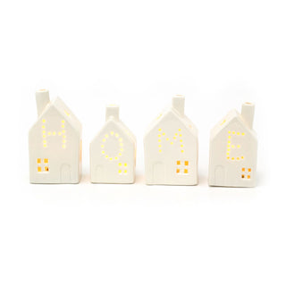 Set of 4 LED Houses | Mini White Ceramic Light Up House Ornaments - Home