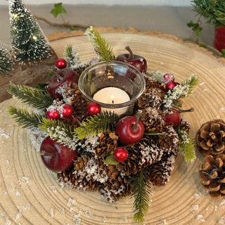 Christmas Tealight Candle Holder | Pinecone & Fruit Wreath Centrepiece - 16cm