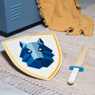 Janod Wooden Sword & Shield Set | Wolf Design | Kid's Pretend Play Fancy Dress