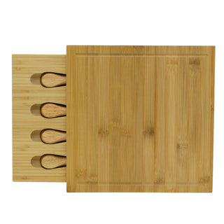 Bamboo Cheese Board with Knives Set | Wooden Cheese Serving Platter - 30x30cm