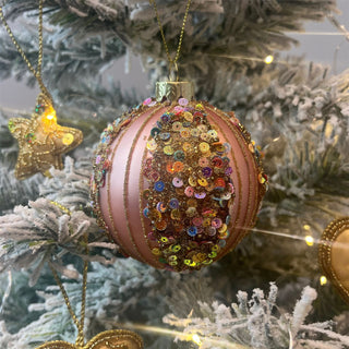 Matt Pink Bauble with Sequins | Luxury Christmas Tree Hanging Ornament - 8cm