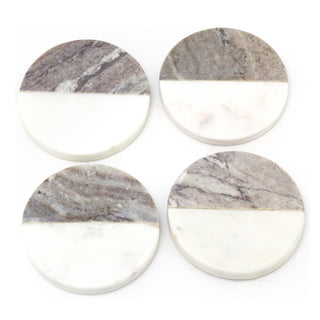 Set Of 4 Two Tone Natural Marble Coasters For Drinks ~ Round