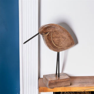 Rustic Wooden Bird Ornament | Decorative Mango Wood & Metal Bird Statue