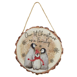 Penguin Family Wooden Hanging Christmas Sign | Our 1st Christmas Festive Plaque | Family Tree First Xmas Hanging Decoration