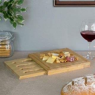 Bamboo Cheese Board with Knives Set | Wooden Cheese Serving Platter - 30x30cm