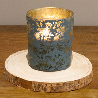 Large Botanical Love Tealight Holder | Blue Floral Glass Votive Candle Pot 10cm