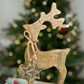 Rustic Wooden Reindeer Ornament | Christmas Deer Sculpture on Wooden Base - 26cm