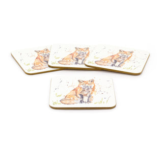 Set Of 4 Watercolour Design Woodland Fox Coasters | 4 Piece Animal Cork Square Coaster Set | Four Red Fox Wildlife Cup Mug Table Mats