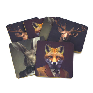 Set of 6 Forest Animal Head Coasters | Animal Cork Backed Coaster Set - 10cm