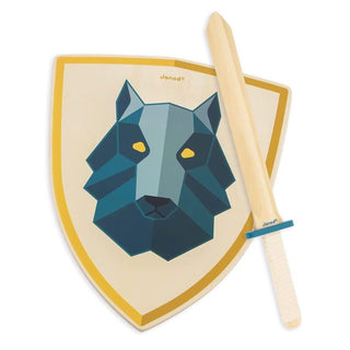 Janod Wooden Sword & Shield Set | Wolf Design | Kid's Pretend Play Fancy Dress