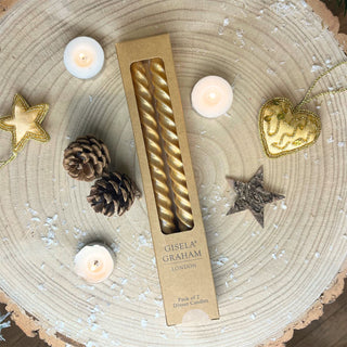 Pair of Metallic Gold Twist Dinner Candles | 2 Christmas Taper Candles - 25cm