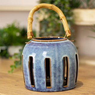 Ceramic Candle Lantern With Bamboo Handle | Hanging Tealight Holder - 13x13cm