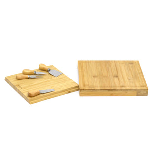 Bamboo Cheese Board with Knives Set | Wooden Cheese Serving Platter - 30x30cm