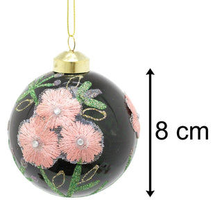 8cm Embroidered Floral Christmas Bauble | Green Glitter Christmas Ball Tree Decorations | Xmas Bauble Christmas Decor - Design Varies One Supplied