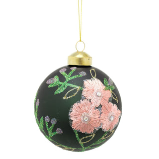 8cm Embroidered Floral Christmas Bauble | Green Glitter Christmas Ball Tree Decorations | Xmas Bauble Christmas Decor - Design Varies One Supplied