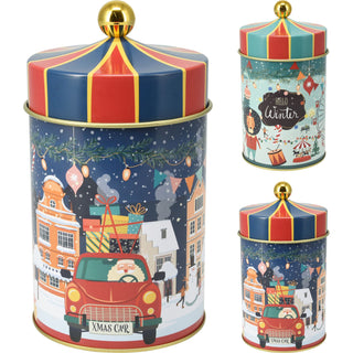 Round Christmas Storage Tin | Festive Carousel Cookie Biscuit Tin - 18cm