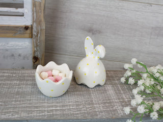 Ceramic Easter Egg Shaped Trinket Box | Polka Dot Bunny Egg Shape Trinket Pot | Decorative Jewellery Trinket Jar - Easter Gift