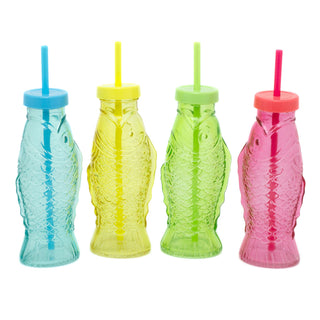 Novelty Glass Fish Drinks Bottle With Straw | Coloured Drinking Glasses | Fish Shaped Glass Drinking Jars