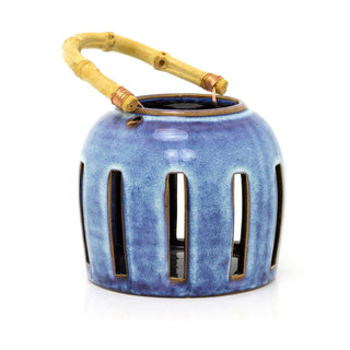 Ceramic Candle Lantern With Bamboo Handle | Hanging Tealight Holder - 13x13cm