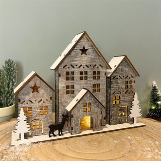 LED Wooden Christmas Scene | Light Up House Christmas Village Ornament - 18x25cm