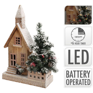 LED Wooden Christmas House with Tree | Snow-Covered Light Up Village House 44cm